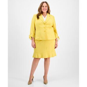 LE SUIT Plus Size Three-button Tie-cuff Jacket & Flounce-hem Yellow Skirt Set 18